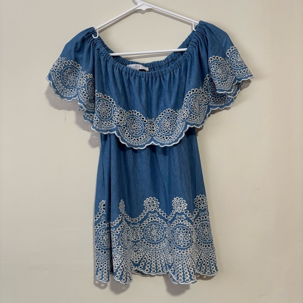 Fever off shoulder blue and white top embroidered size small
